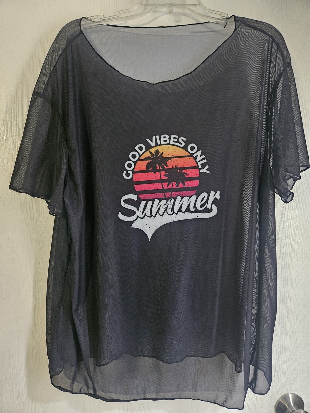 SHEIN Black Mesh 'Good Vibes Only' Summer Graphic Swim Coverup